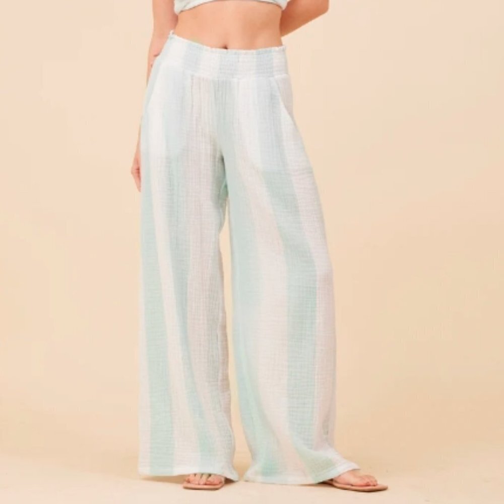 Vintage Havana Women's Mint & White Cabana Stripe Gauze Smocked Waist Pants - S